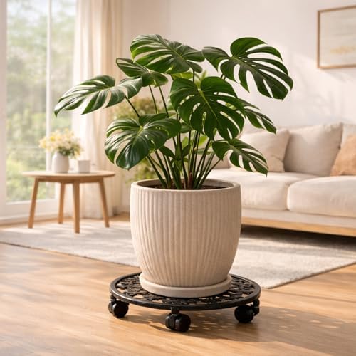 4 Pack Plant Caddy with Wheels, PlanterHoma 11 Inch Metal Plant Stand with Wheel Heavy Duty Wrought Iron Planter Dolly Rolling Stand Plant Roller with Caster for Indoor and Outdoor with 4 Pack Saucers - Image 4
