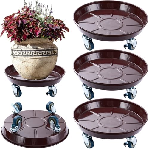 Planterhoma 3 Packs 13 inches Metal Plant Caddy with Wheels Large Rolling Plant Stand Heavy-Duty Iron Plant Dolly Casters for Indoor Outdoor Flower Pot Mover Roller Coasters, Dark Coffee by Planterhoma