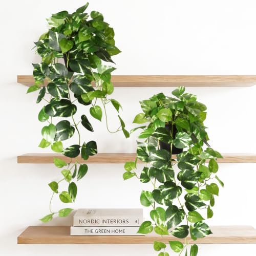 CEWOR Fake Pothos Hanging Plants, 33", Variegated, with Plastic Pot, for Home Office Indoor Decor, 2 Pack by CEWOR