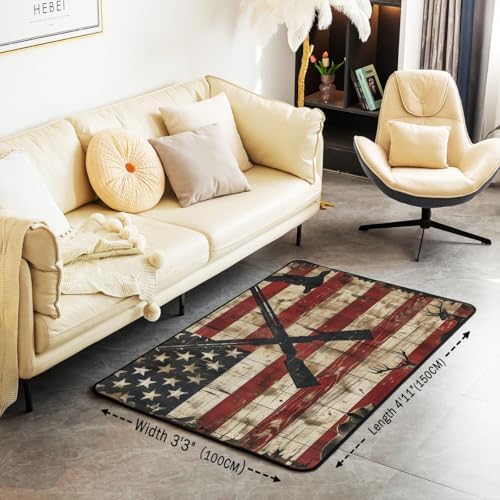 Erosebridal Bear Elk Shotgun Area Rug 4'11" x 3'3" Mallard Duck Hunting Living Room Rugs Retro Wooden Board Decorative Carpet Deer American Flag Indoor Floor Mat - Image 2