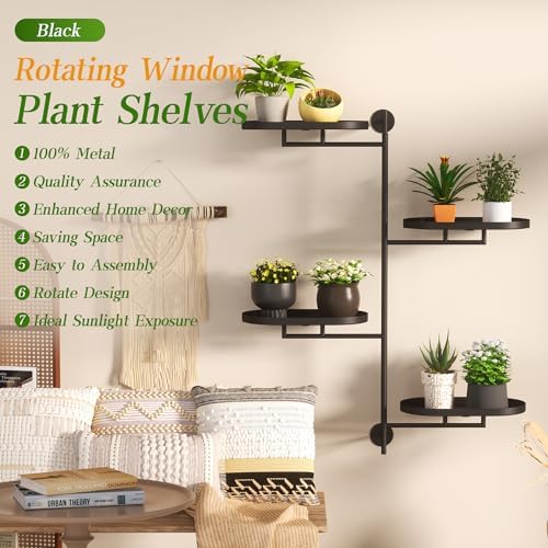 YQSLYSF Window Rotating Plant Stand Shelf Indoor Black Metal Floating Shelves 4-Tier Wall Mount Plant hanger Holders for Wall Planter Modern Home Decor window sill gifts - Image 3