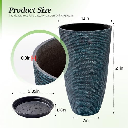 QCQHDU Set of 2 Large Tall Blue Planters with Saucer - 9 Gallon 12" Diameter x 21" H Faux Stone Round Pots for Indoor Plants, Outdoor Patio & Porch Decor, Heavy Duty Weatherproof Plant Containers - Image 5