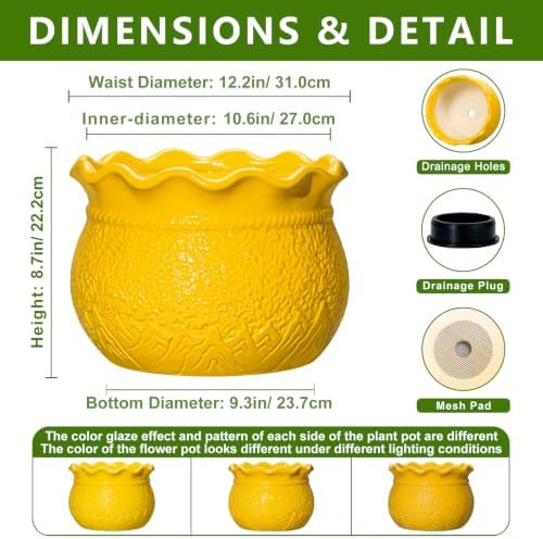 Ceramic Flower Pots 12 Inch, Indoor Plant Pot, Yellow - Image 2