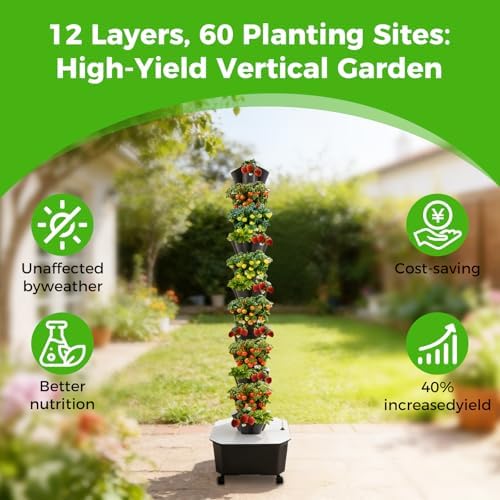 Hydroponic Grow Tower 12 Tiers 60 Holes, 6.6Gal Indoor Vertical Garden System with Water Pump, Automatic Water Circulation - Garden Hydroponic Growing Kit for Leafy Vegetables, Herbs, Strawberries - Image 2