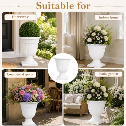 2PCS Plastic Urn Planter, Large Flower Urn for Outdoor Patio, Modern Garden Pot with Drainage Hole, Decorative White Vase for Front Porch, 19 Inch (W-2) - Image 6
