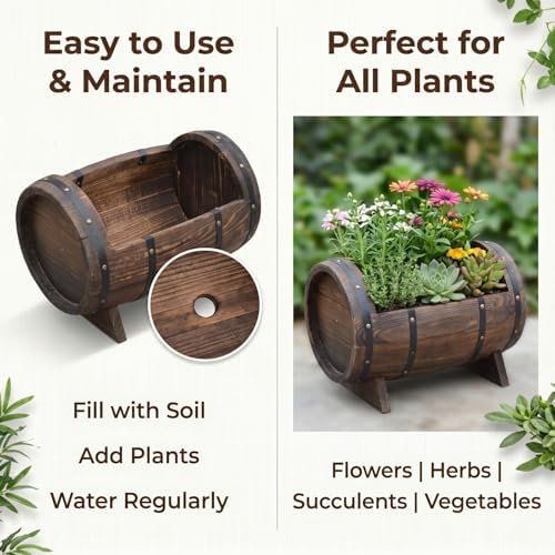 Whiskey Barrel Planter Wooden Barrel Planter for Indoor & Outdoor Use Patio Lawn Garden Balcony with Drainage Hole Rustic Decorative Plant Container (19.7×12.6×12.2in/50×32×31cm) - Image 3