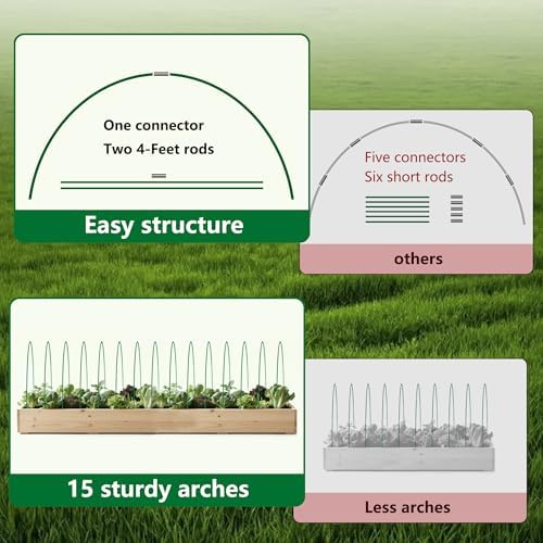 Garden Greenhouse Hoops Kit 15 Sets -2-Section Design, 8ft Grow Tunnels Poles Plant Raised Beds, 30 Pcs 4ft Solid Fiberglass Support Stakes 15 Metal Connectors -Quick Assembly No Loose Parts (Green) - Image 4