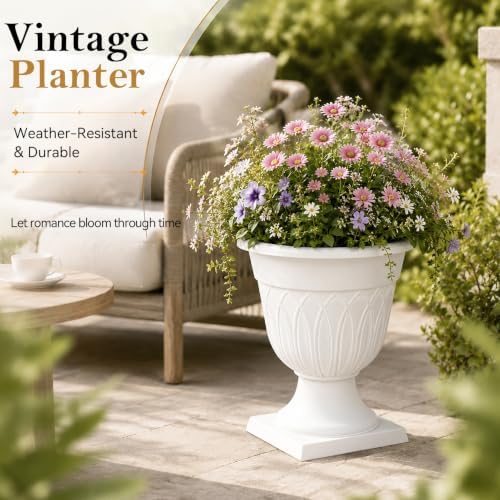 15" Resin Urn Planter, 2 Pack Classic Round Flower Pot, Detachable Base - Image 7