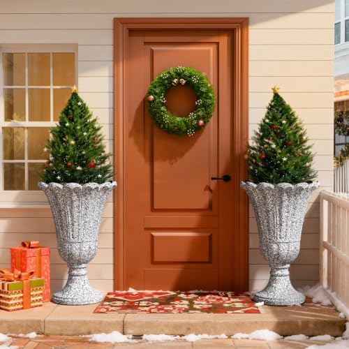 Tall Plastic Urn Planters and Pedestal - 24" Outdoor Planter Grey - Image 7