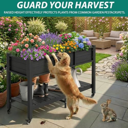 YITAHOME Raised Garden Bed HDPE, 47x18x31In Raised Flower Bed Poly-Wood Weather-Resistant Elevated Planter Box with Lockable Wheels & Storage Shelf for Vegetable Flower, Black - Image 3