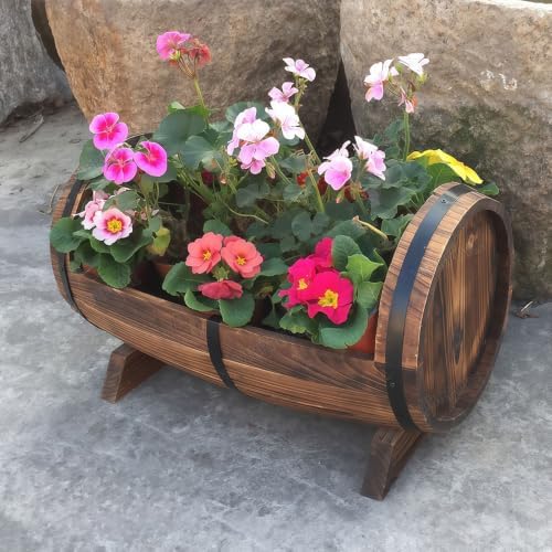 Wooden Whiskey Barrel Planters Outdoor Large 12-24 In (20"L x 13"W x 12"H) - Image 7