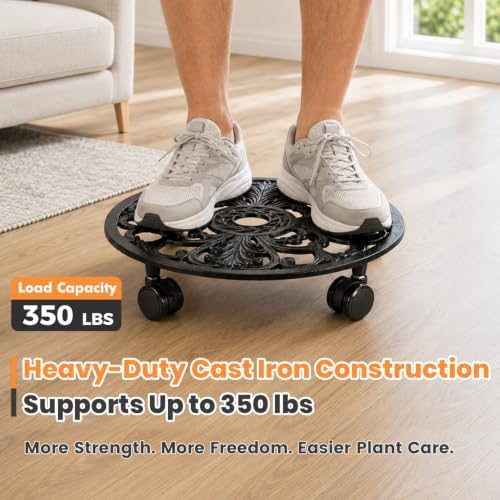 13.5 Inch Plant Caddy with Wheels Heavy Duty Cast Iron Plant Stand with Wheels, Metal Plant Dolly with Locking Wheels, Flower Pot Mover for Heavy Pots, Indoor Outdoor Rolling Planter Stand, 1 Pack - Image 7