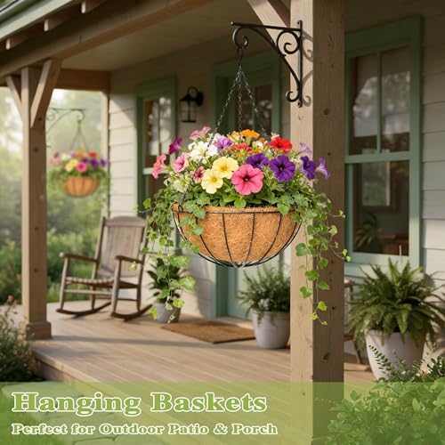 4 Pack 14 Inch Hanging Baskets for Plants Outdoor Metal Hanging Planter Hanging Flower Baskets with Coco Fiber Liners Chain Round Wire Plant Holder Hanging Flower Pots(Watermelon) - Image 6