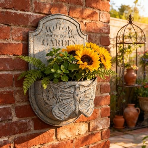 Rustic Metal Wall Planter with Butterfly Design, Welcome to Our Garden Hanging Flower Pot for Outdoor Indoor Decor, Vintage Galvanized Plant Holder for Patio, Porch, Garden - Image 4
