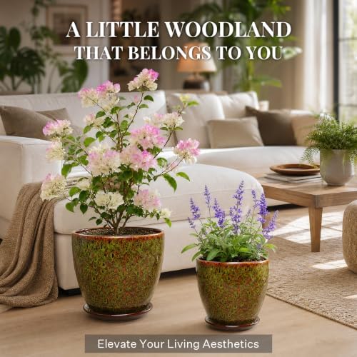 8 Inch Ceramic Planter with Drainage Hole Saucer(Spotted Green) - Image 2