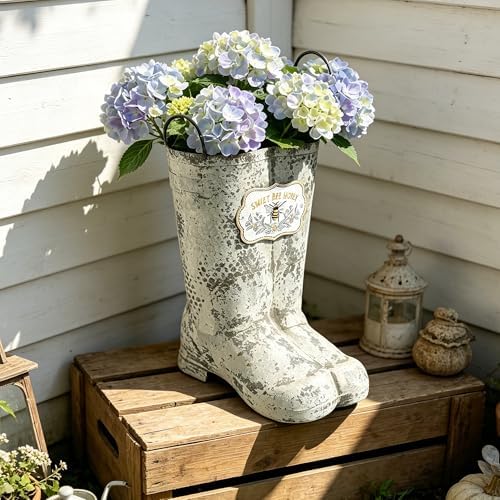 Vintage Metal Boot Planters Rustic Farmhouse Flower Pots Outdoor Decorative Boot Plants Buckets for Wedding, Garden, Home, Patio Decor (White) - Image 4