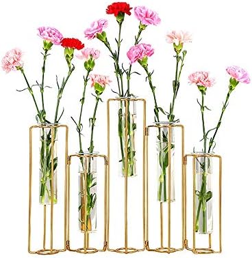Geometric Vase Gold Hinged Esmiome - Vases for Centerpieces with 5 Test Tubes, Geometric Decor Metal Frame can be Bent, Geometric Vases Wire Propagation Station Plant Holder Modern for Wedding, Home by Esmiome