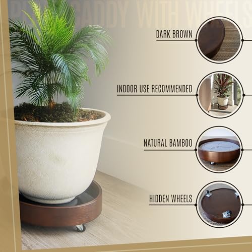 Plant Caddy with Wheels Indoor – Bamboo Rolling Plant Stand with Absorbent Stone, No Water Stains, 360° Wheels, Floor Protection Plant Tray for Heavy Pots - Image 3