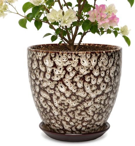 10 Inch Ceramic Planter with Drainage Hole Saucer(Mottled White) by Unknown