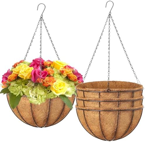LCHUANG Hanging Baskets Planter for Plants - 4 Pack 12 Inch Metal Baskets with Coco Coir Liner, Hanging Flower Pots for Outside with Chain, Indoor Outdoor Garden Porch Decoration (12'' Pack of 4) by LCHUANG