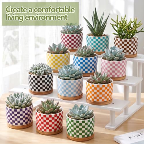 Threehoney 12 Pcs 3.14" Ceramic Succulent Pot with Drainage Hole, Plaid - Image 6