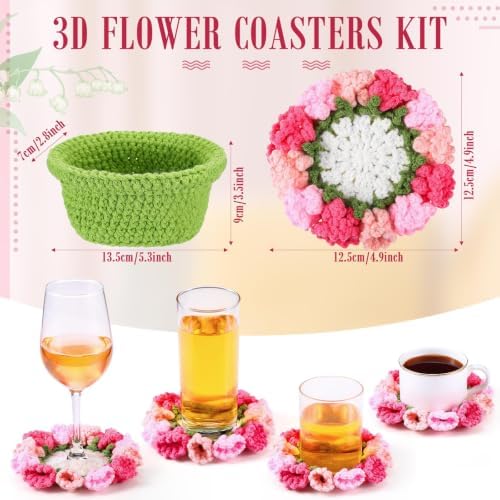 HunnmingRe 15 Pcs 3D Cute Crochet Flower Coasters Set, Spring Summer Floral Table Coasters with Plant Pot Holder, Soft Decorative Cup Mat, Housewarming Gift(Pink,Lily of the Valley​) - Image 4