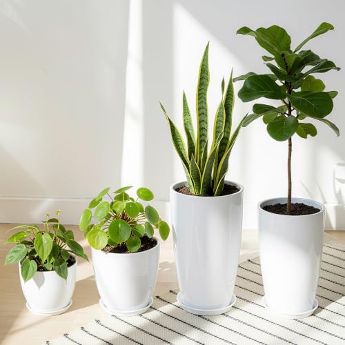 ZMTECH 24/21/12/10" H Large Plastic Planters with Drainage Hole and Saucer -Set of 4 Tall Plant Pots for Indoor & Outdoor Use,White Glossy Smooth Lightweight Flower Pot for Front Porch Patio Deck - Image 2