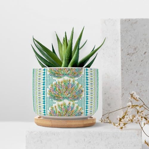 Chinoiserie French Cairo Planters Ceramic Green and Blue Peacock Feathers Round Flower Pots with Drainage Holes and Bamboo Tray Pot for Succulents Cactus Garden Windowsill - Image 7