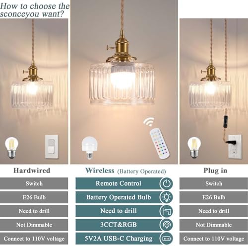 Battery Operated Pendant Light,Vintage Light Fixtures 2500mAh 6.6in RGB Light Bulb with Remote Control Wireless Adjustable Rechargeable Chandelier for Kitchen Island Hallway 1Light - Image 6
