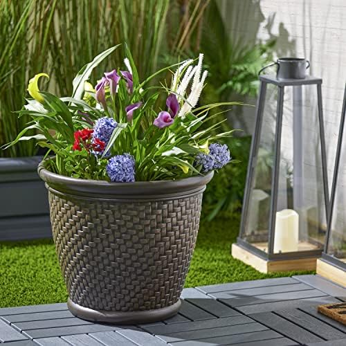 Suncast 18" x 16.5" Resin Planter - Lightweight Contemporary Flower Pot for Plants - Indoor and Outdoor Use, Home, Patio, Garden, - Herringbone Wicker, Dark Brown - Image 6