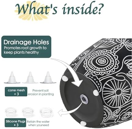 Terracotta Pots, 6.5+5+4.4 Inch Plant Pots with Drainage Hole- Floral Pattern, Black Boho Ceramic Planters for Indoor Plants, Flower Pots Indoor Succulents, Herbs Plants,Set of 3 - Image 6