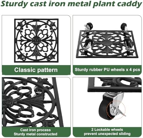 2 Packs 12" Square Metal Plant Caddy with Wheels Large Heavy-Duty Cast Iron Planter Dolly Pot Mover, Indoor Outdoor Vintage Rolling Plant Stands with Casters Wheeled Plant Roller Base, Rustproof Black - Image 4