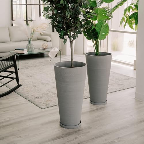 XBrand 28-Inch Tall Round Tapered Planter, Decorative Indoor & Outdoor Plant Pot for Patio, Porch, Garden and Home Decor, Modern Accent Planter, Set of 2, Gray - Image 3