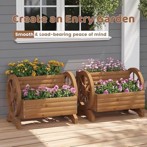 Wooden Wagon Planters for Outdoor Plants, Flower Cart, Wood Planter Boxes Outdoor, Backyard Decor, Flower Planters Outdoor with Wheels Planter for Flowers Vegetables (Brown) - Image 3