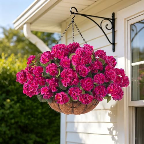INSPRING Geraniums Artificial Flowers Hanging Basket for Outdoors Outside Decoration, 8 Bundles Silk Flowers Fake Plants Look Real UV Resistant for Porch Home Patio Balcony Yard, Fuchsia - Image 2