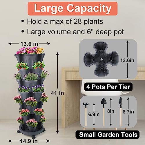 GameXcel Vertical Planter Tower - 7 Tier Stackable Garden Planters with Wheels and Tools Plant Pots for Strawberry Herb Flower and Vegetable Indoor Outdoor Use Dark Gray - Image 4