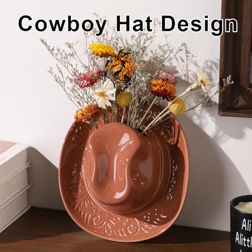 Hanging Wall Planters for Indoor Plants, Wall Vases for Flowers, Ceramic Cowboy Hat Vases for Decor, for Bathroom, Living Room, Office, and Home Decor. Brown Medium - Image 5