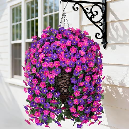 Artificial Fake Hanging Flowers with Basket for Outdoor Decoration,UV Resistant Faux Silk Daisy Flowers Dark Purple and Fuchsia Orchid Vines in Planter Realistic Hanging Baskets for Home Porch Garden by HyeFloraartificialflowers
