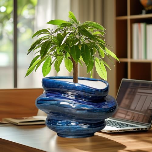 Ceramic Pots for Plants - 10.6 Inch Ceramic Planter with Drainage Hole, Decorative Planters for Indoor Outdoor, Unique Flower Pots, Garden Office House Decor, Birthday Housewarming Gifts, Blue - Image 4