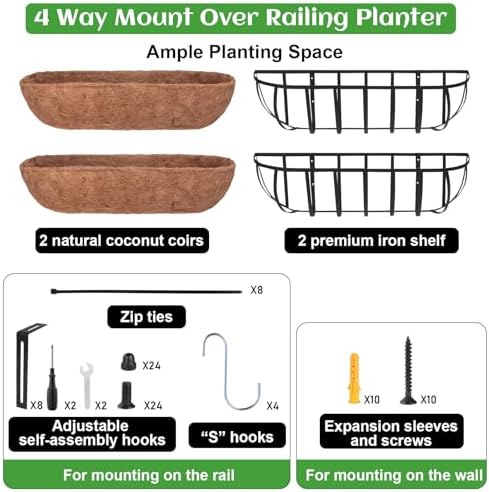 GameXcel 24 Inch Over Railing Planter 4 Pack - Window Box or Wall Mounted Flower Box with Coco Liner and Adjustable Hooks - Metal Deck Balcony Planter with Expansion Screws for Deck Fence Porch - Image 5