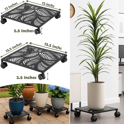 3-pack 13.5 Inches Square Metal Plant Caddy with Wheels Heavy Duty Large Rolling Plant Stand Indoor Outdoor Wheeled Planter Dolly Cart with Lockable Casters Flower Pot Mover Roller Trolley, Black - Image 2