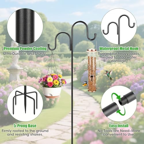 95 Inch Double Shepherds Hooks for Outdoor, Heavy Duty Bird Feeder Pole with 5 Prongs Base for Hanging Lantern, Hummingbird Feeder, Lightweight Plant, Shepherds Hook for Bird Feeders for Outside - Image 2