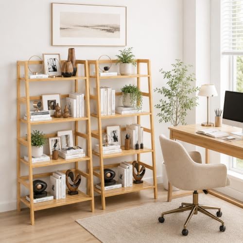 Bamboo Ladder Shelf, 4-Tier Wooden Ladder Bookshelf & Bookcase Organizer - Image 5