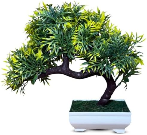 Artificial Bonsai Tree with White Ceramic Pot, Yellow and Green Foliage, Decorative Faux Plant for Home Decor (White Plastic Pot) by PixiesGardens