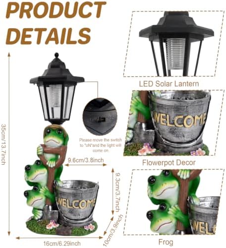 Frog Garden Statue Home Outdoor Decor with Solar Lantern and Flowerpot Solar Frogs Sculptures Waterproof Garden Outside Figurine Ornament, Women Gardening Housewarming Gift for Yard Pond - Image 2