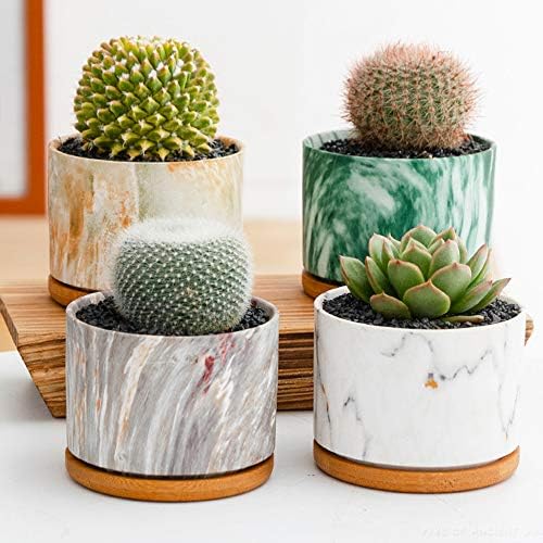 4 pcs 4 Inches Ceramic Marbleizing Style, Big Planters with Bamboo Trays (Colorful) - Image 3