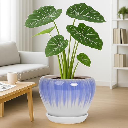 Deep Dream 10 Inch Plant Pot- Ceramic Planter Pot Round Plant Pots for Indoor Plants Outdoor Large Flower Pot with Drainage Holes & Trays, White&Blue - Image 4