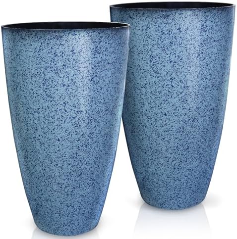 2 Pcs Pack 21 Inches Plastic Resin Tall Tapered Planter Pots Large Round Planter Flower Pot with Drainage Holes for Indoor Outdoor Deck Porch Garden Home Patio Front Door (Blue, L) by Megawodar