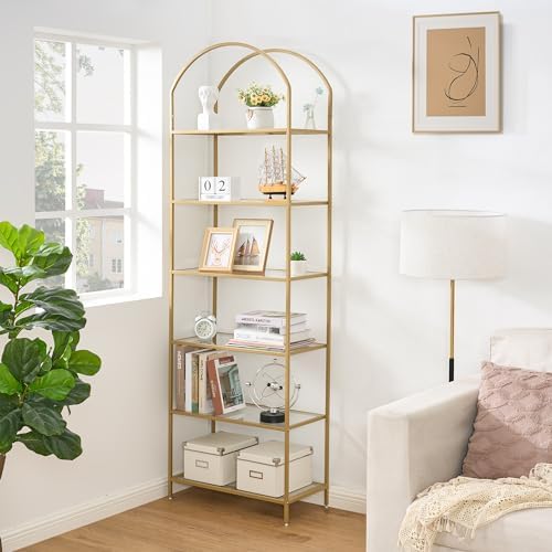 Homhedy 6-Tier Tall Gold Bookshelf, Arched Bookcase with Glass Shelves by Homhedy
