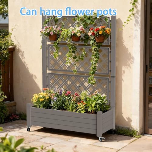 Mobile Garden Planter with Trellis & Lockable Wheels, Outdoor Raised Bed with Drainage & Water Gauge, Weather-Resistant Resin for Patio, Balcony, Yard, Dust-Resistant (Grey, 43.43*18.27*64.29) - Image 5